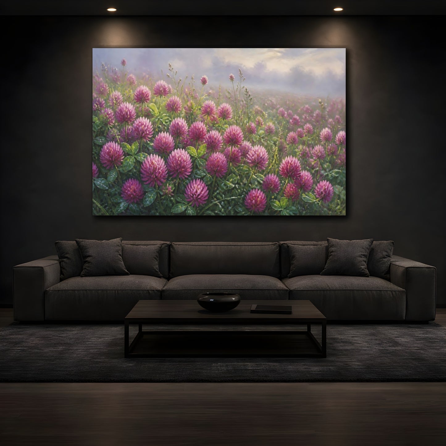 Mockup 3. Floral Clover Field Purple Clover Field shown as stretched canvas wall art