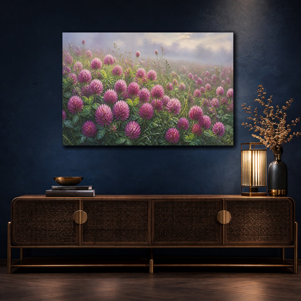 Mockup 4. Floral Clover Field Purple Clover Field shown as stretched canvas wall art