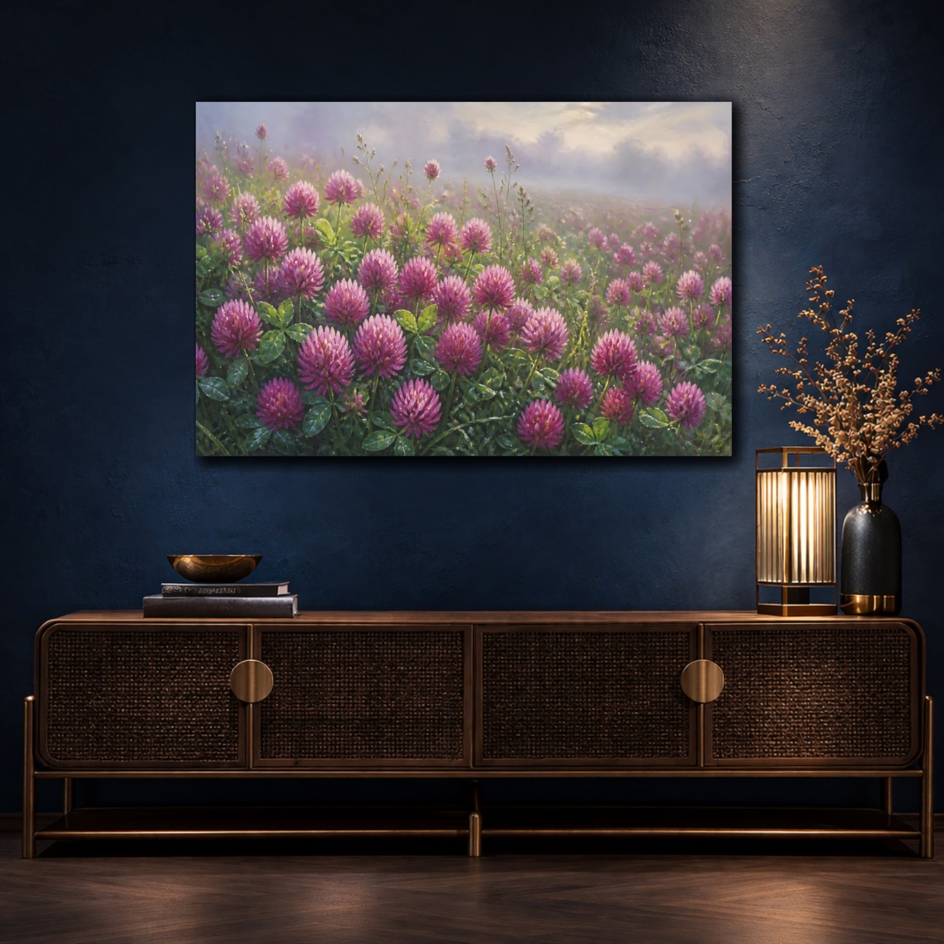 Mockup 4. Floral Clover Field Purple Clover Field shown as stretched canvas wall art