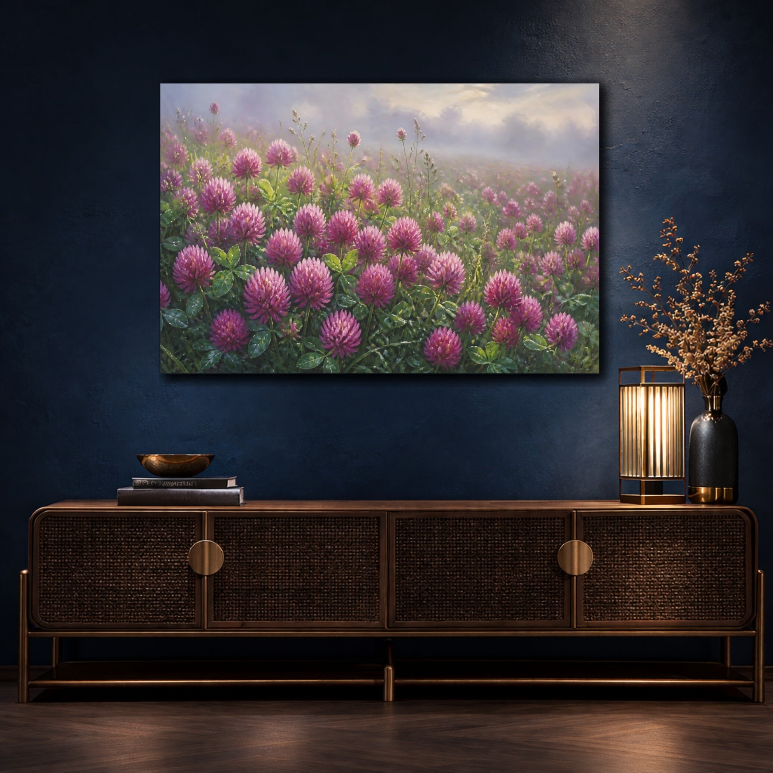 Mockup 4. Floral Clover Field Purple Clover Field shown as stretched canvas wall art