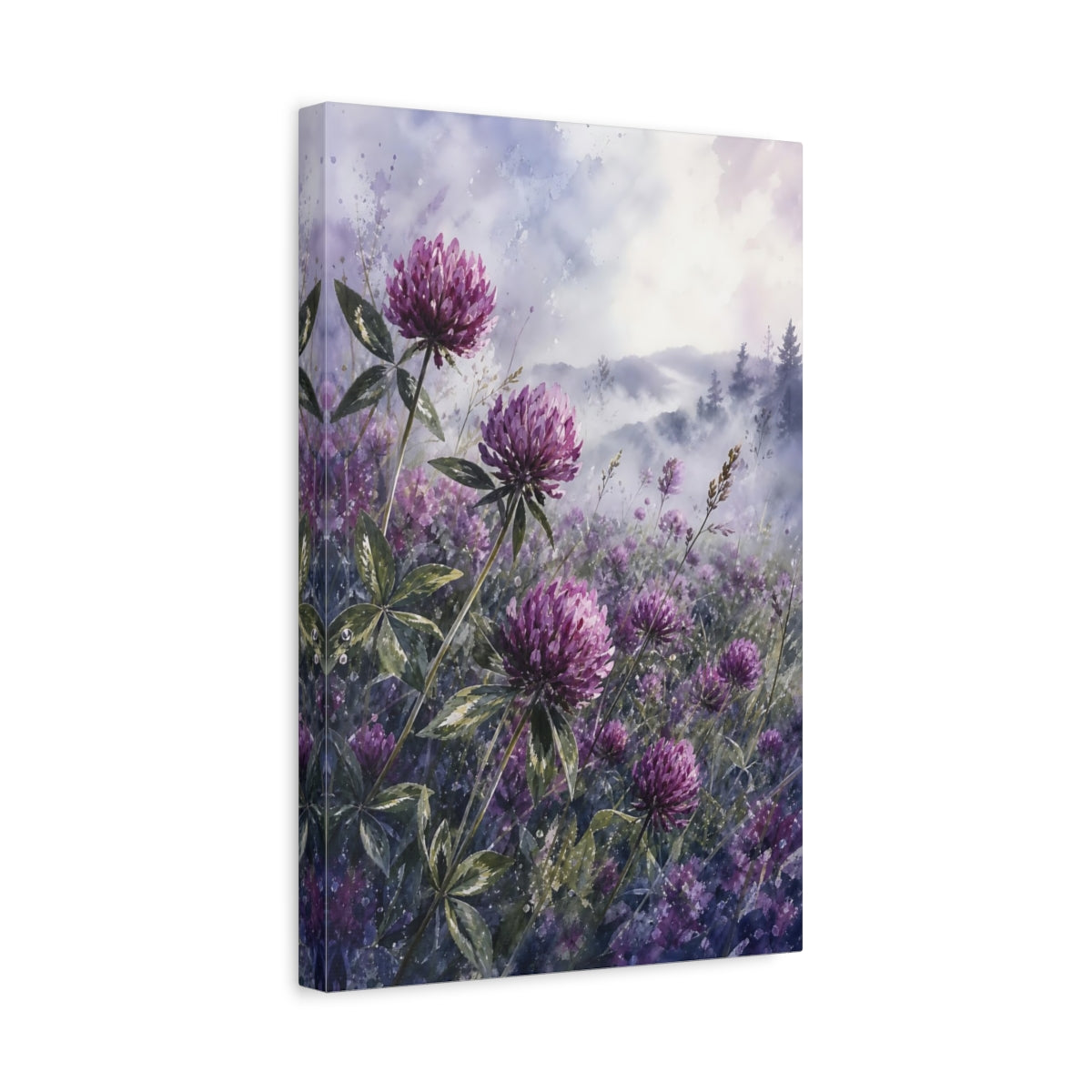 Side Mockup 4. Floral Clover Flowers Purple Clover shown as stretched canvas wall art