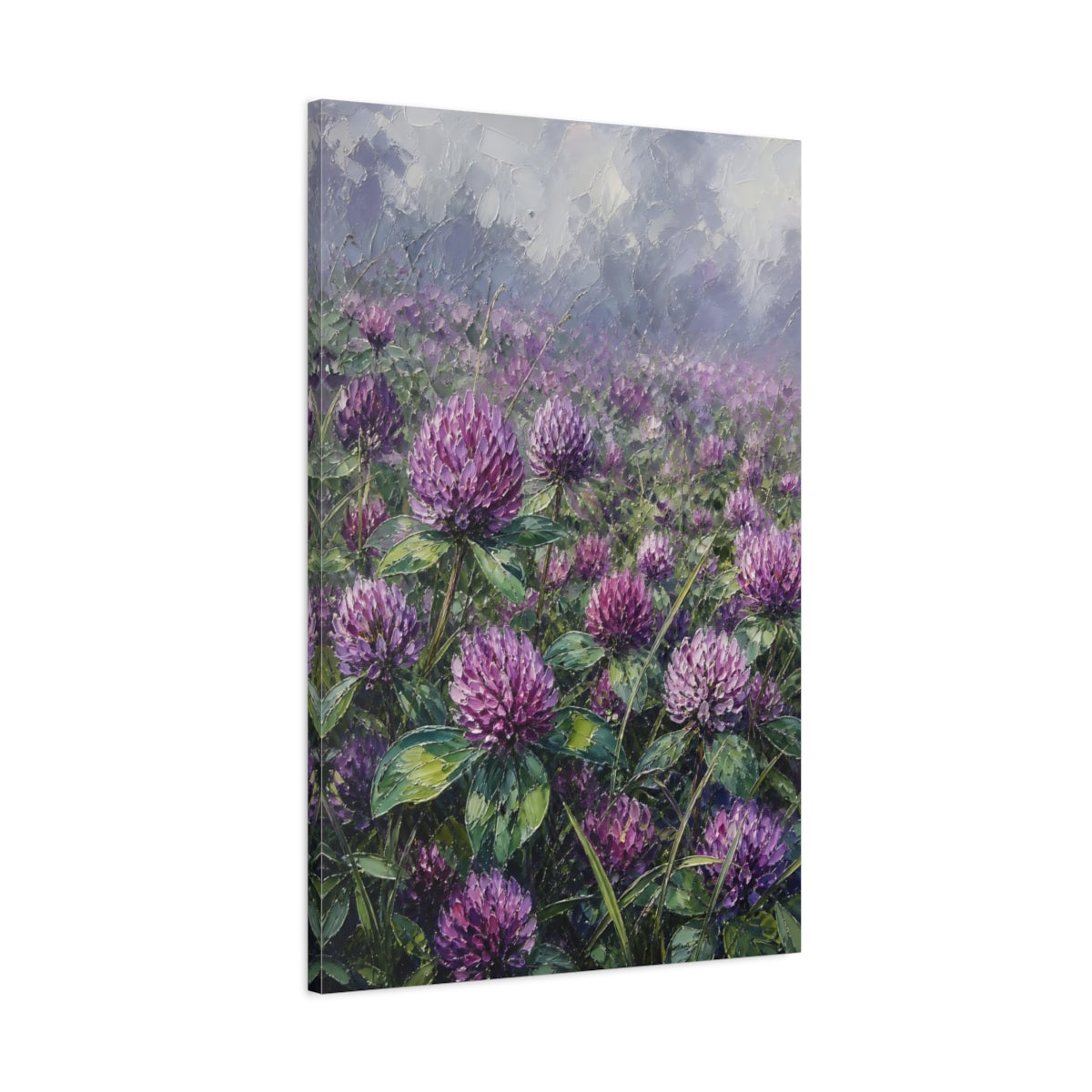 Main Mockup. Floral Clover Flowers Purple Clover Field shown as stretched canvas wall art