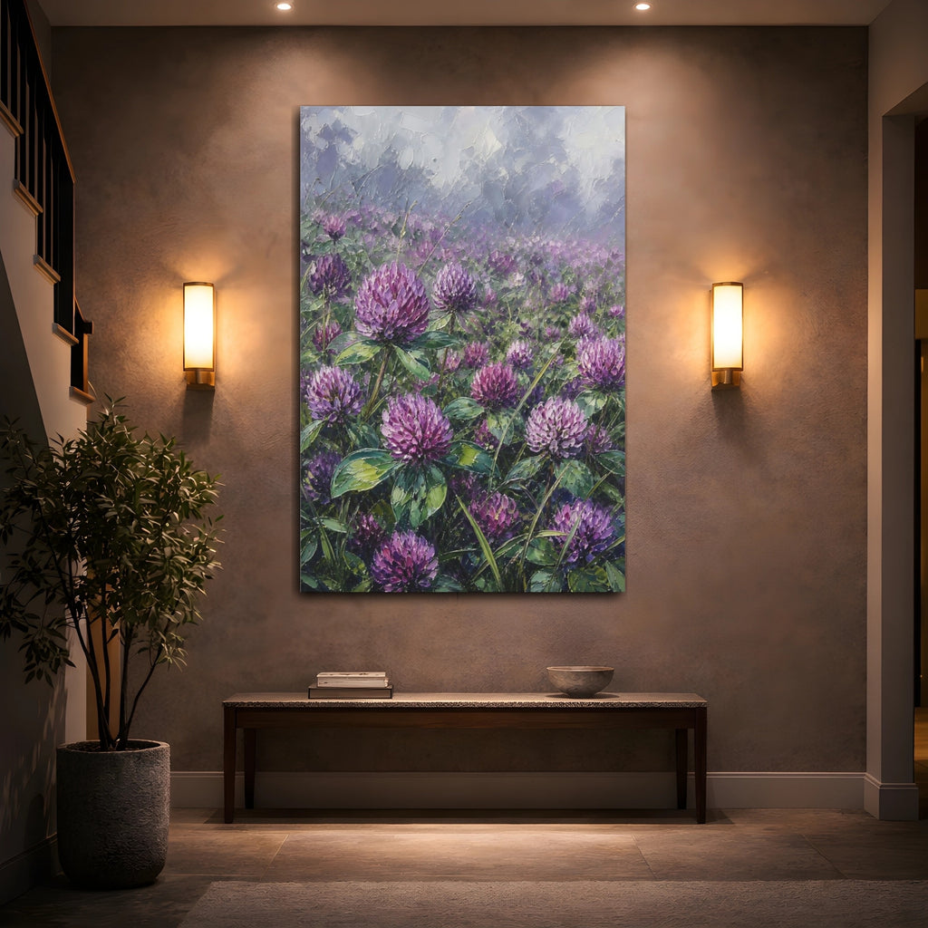 Mockup 2. Floral Clover Flowers Purple Clover Field shown as stretched canvas wall art