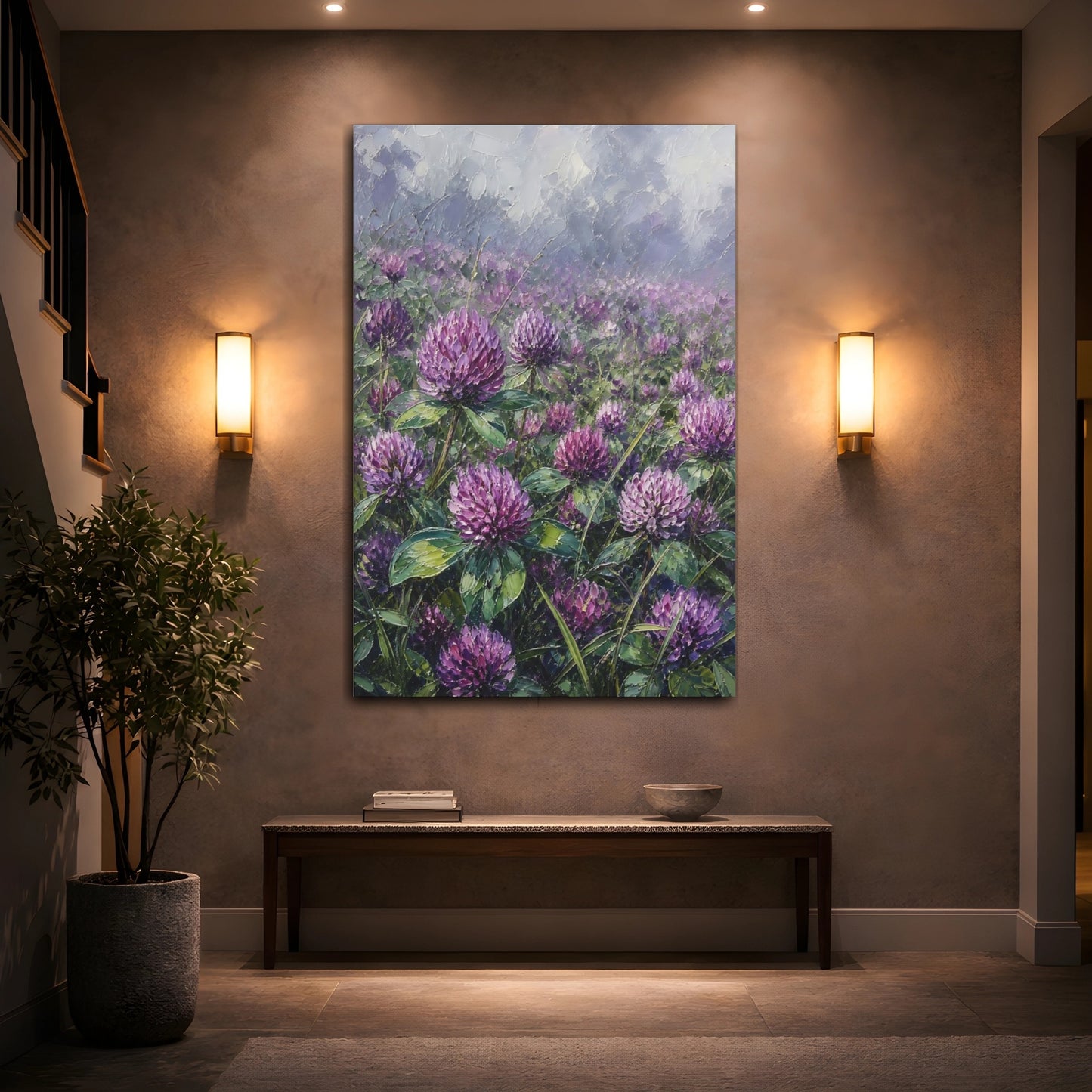 Mockup 2. Floral Clover Flowers Purple Clover Field shown as stretched canvas wall art
