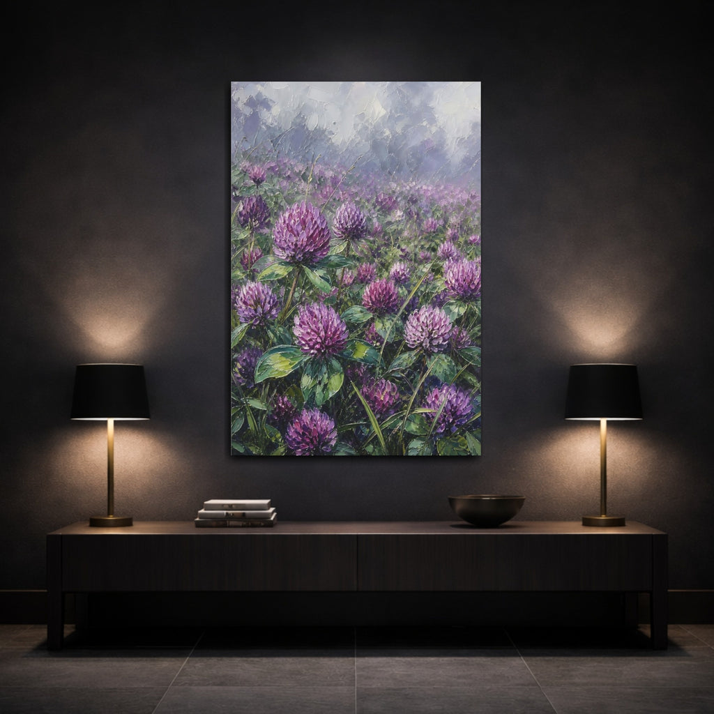 Mockup 3. Floral Clover Flowers Purple Clover Field shown as stretched canvas wall art