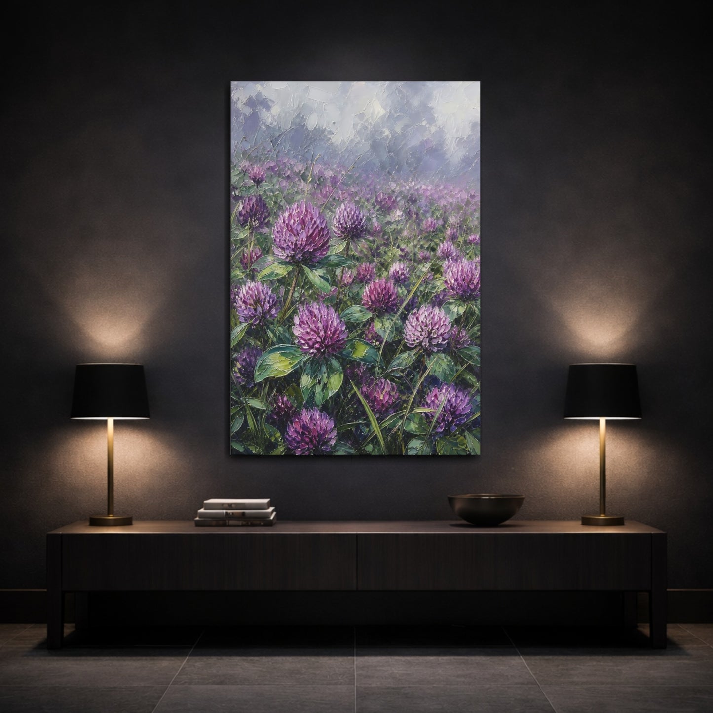Mockup 3. Floral Clover Flowers Purple Clover Field shown as stretched canvas wall art