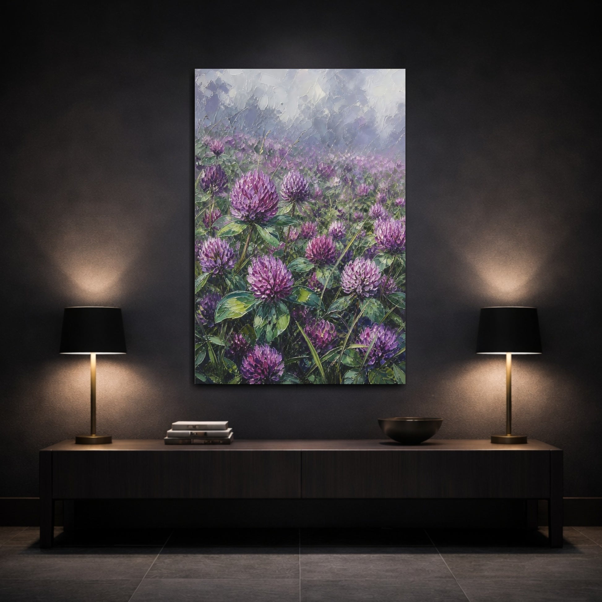 Mockup 3. Floral Clover Flowers Purple Clover Field shown as stretched canvas wall art