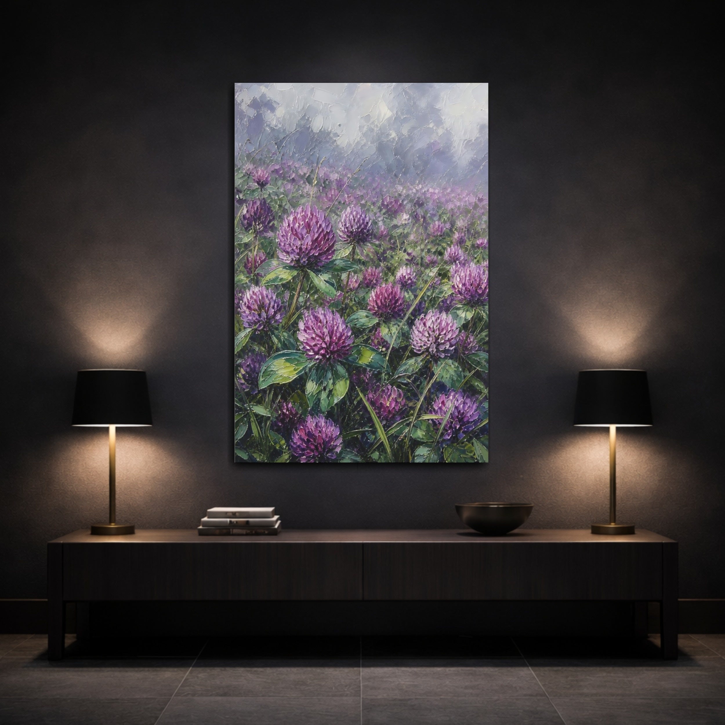 Mockup 3. Floral Clover Flowers Purple Clover Field shown as stretched canvas wall art