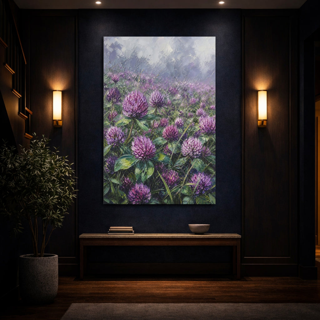 Mockup 4. Floral Clover Flowers Purple Clover Field shown as stretched canvas wall art