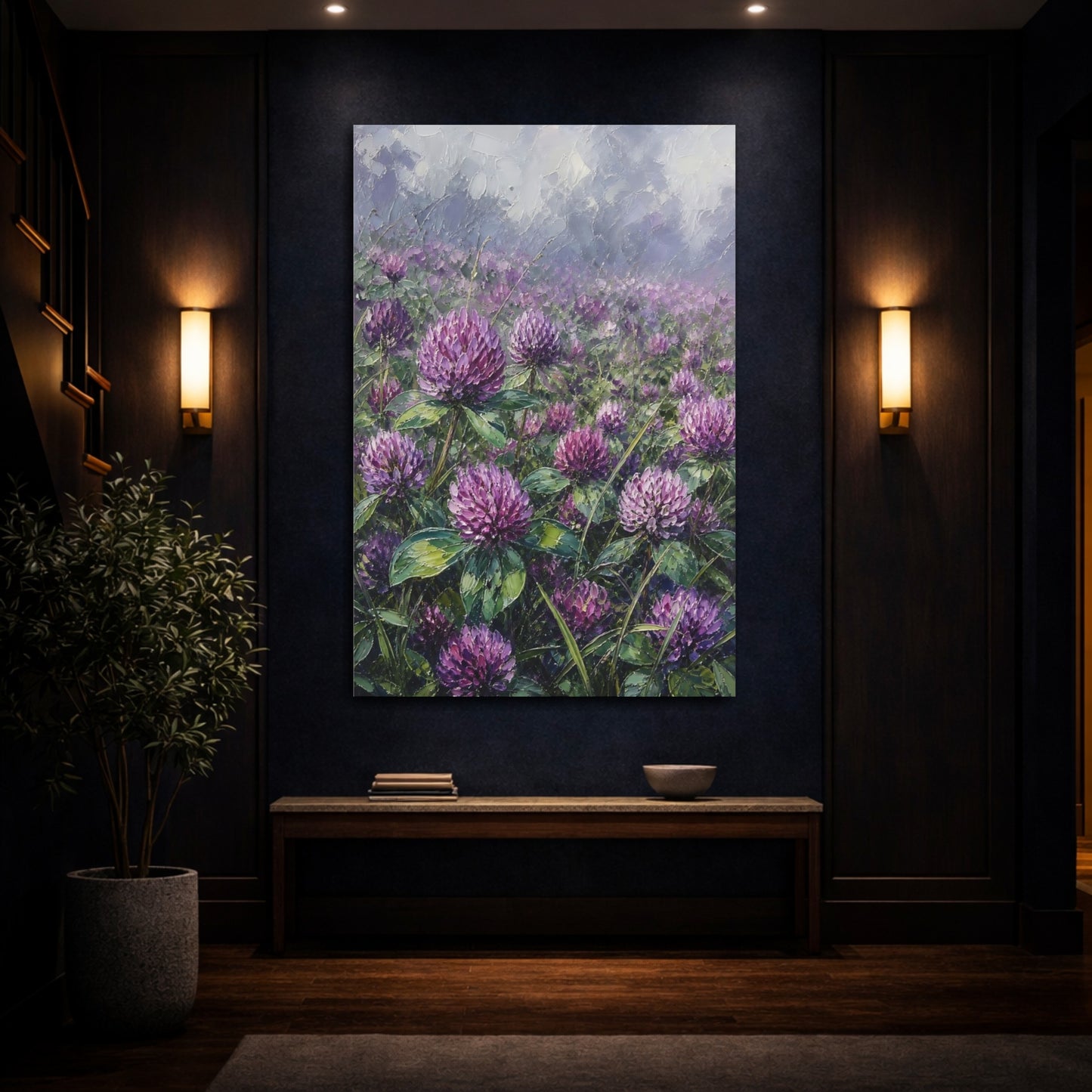 Mockup 4. Floral Clover Flowers Purple Clover Field shown as stretched canvas wall art