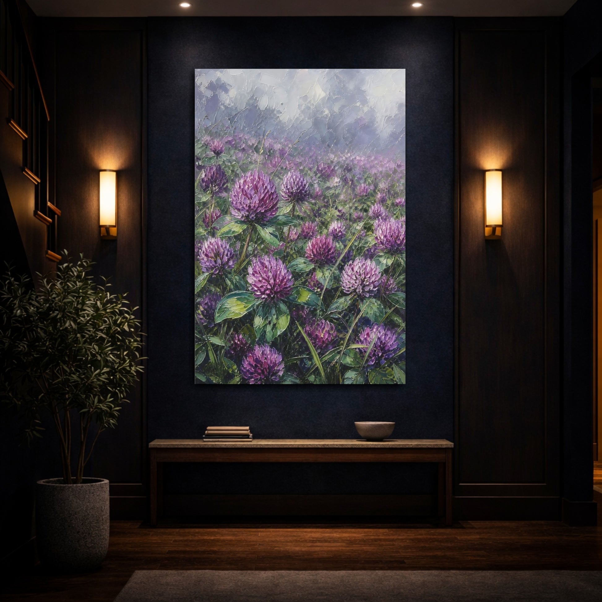 Mockup 4. Floral Clover Flowers Purple Clover Field shown as stretched canvas wall art