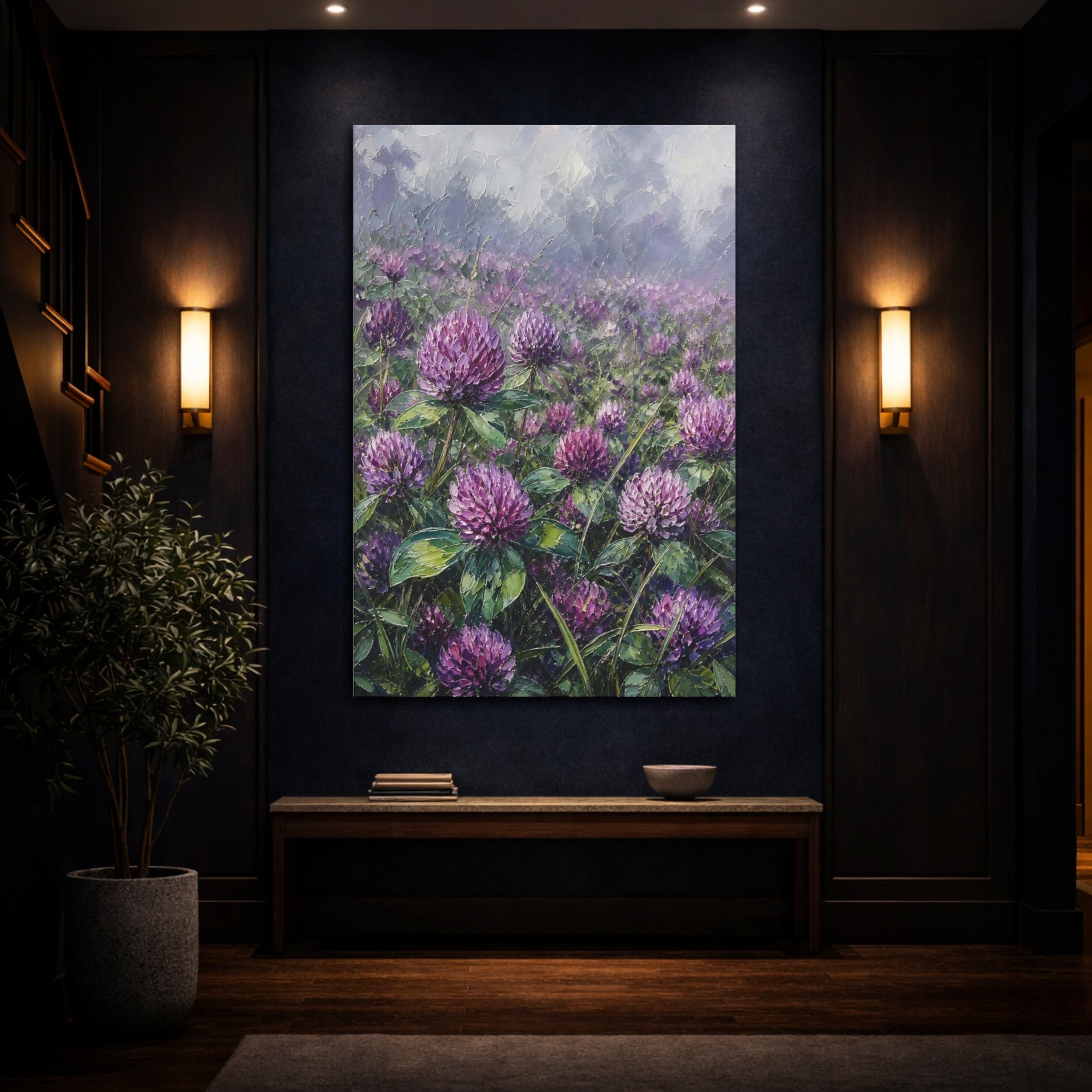 Mockup 4. Floral Clover Flowers Purple Clover Field shown as stretched canvas wall art