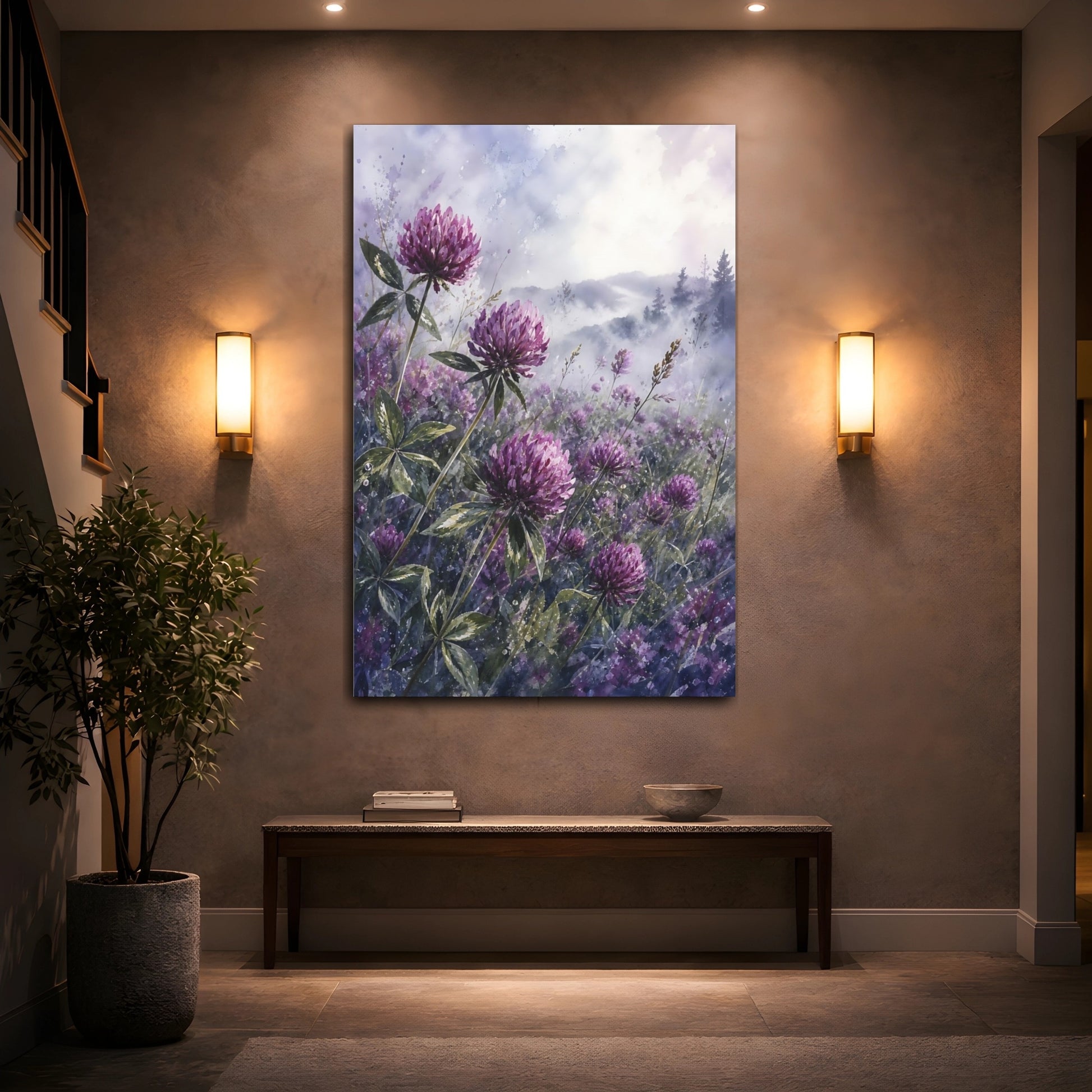 Mockup 2. Floral Clover Flowers Purple Clover shown as stretched canvas wall art