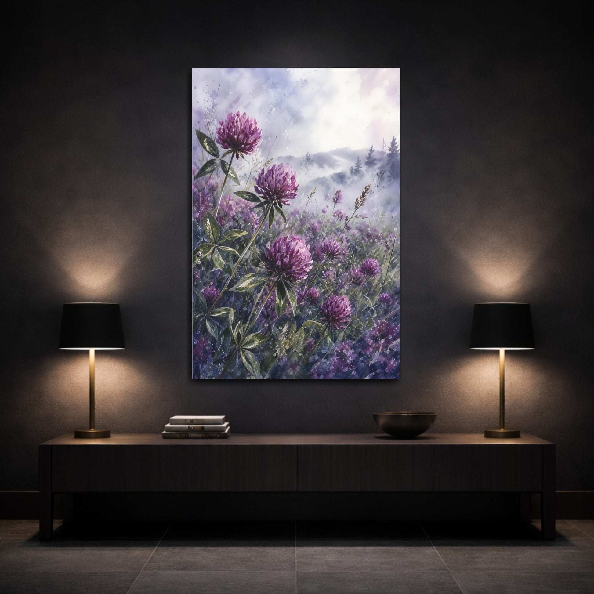 Mockup 3. Floral Clover Flowers Purple Clover shown as stretched canvas wall art