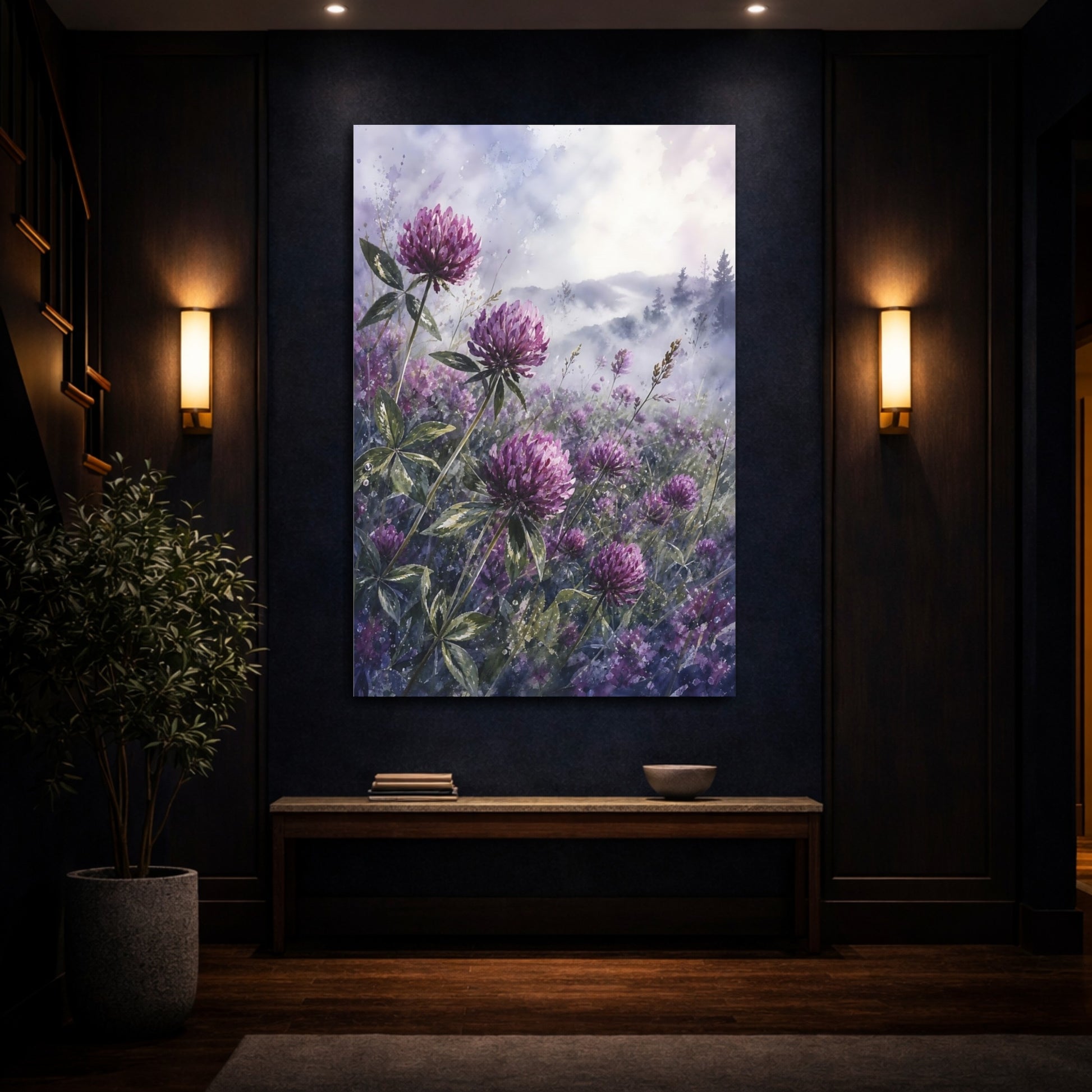 Mockup 4. Floral Clover Flowers Purple Clover shown as stretched canvas wall art