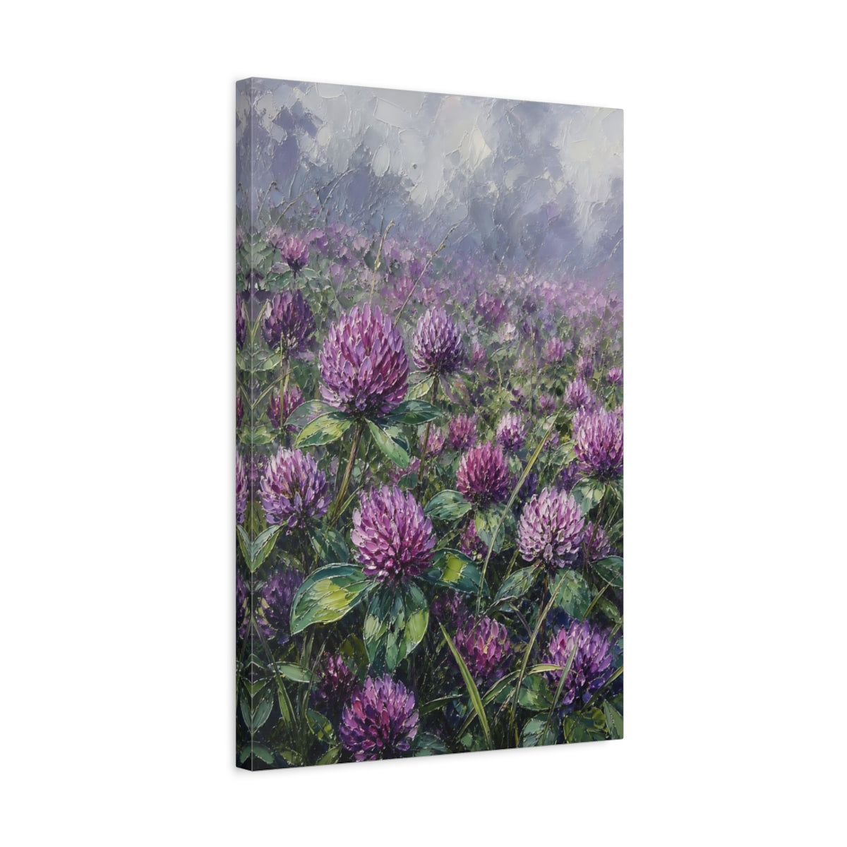 Side Mockup 3. Floral Clover Flowers Purple Clover Field shown as stretched canvas wall art
