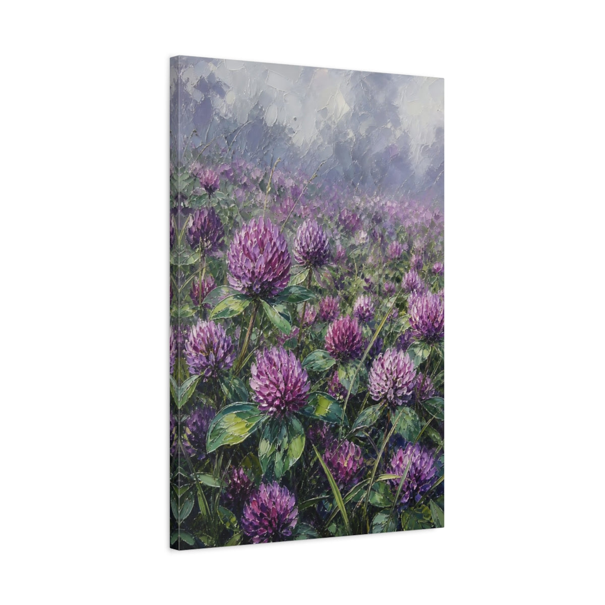 Side Mockup 2. Floral Clover Flowers Purple Clover Field shown as stretched canvas wall art