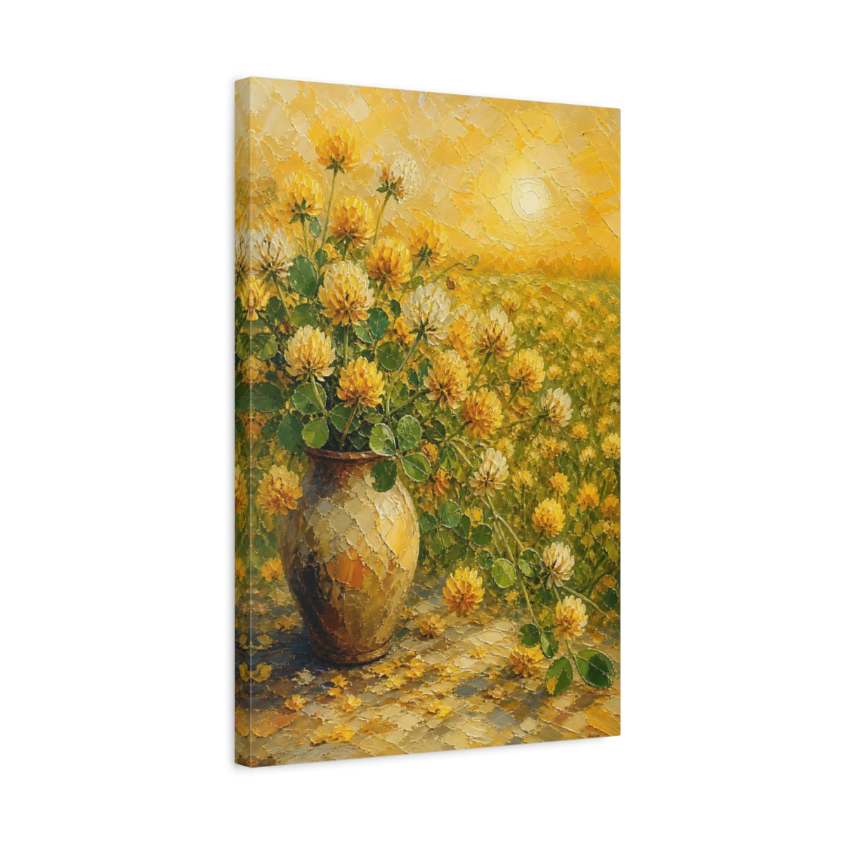 Side Mockup 3. Floral Clover Flowers Yellow Clover Flowers shown as stretched canvas wall art