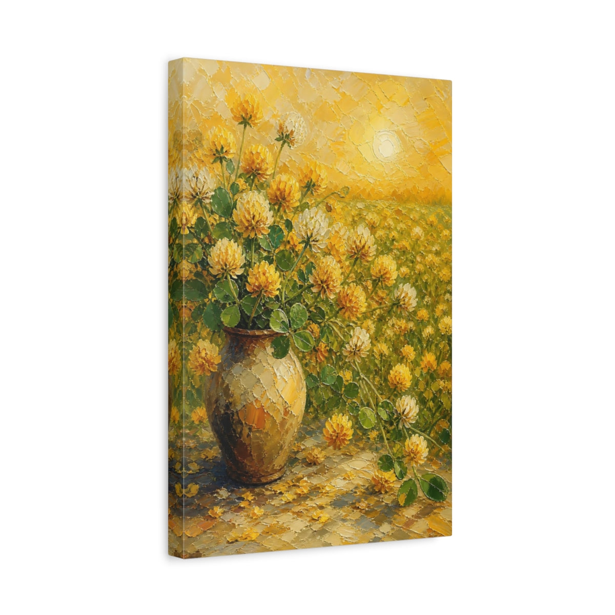 Side Mockup 4. Floral Clover Flowers Yellow Clover Flowers shown as stretched canvas wall art