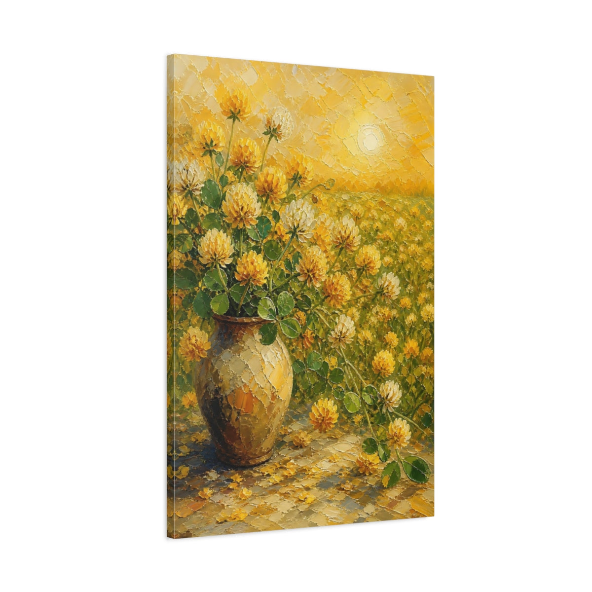 Main Mockup. Floral Clover Flowers Yellow Clover Flowers shown as stretched canvas wall art