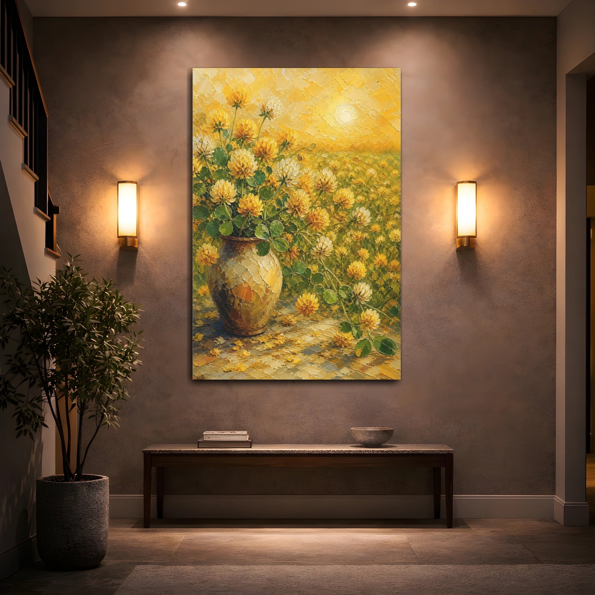 Mockup 2. Floral Clover Flowers Yellow Clover Flowers shown as stretched canvas wall art