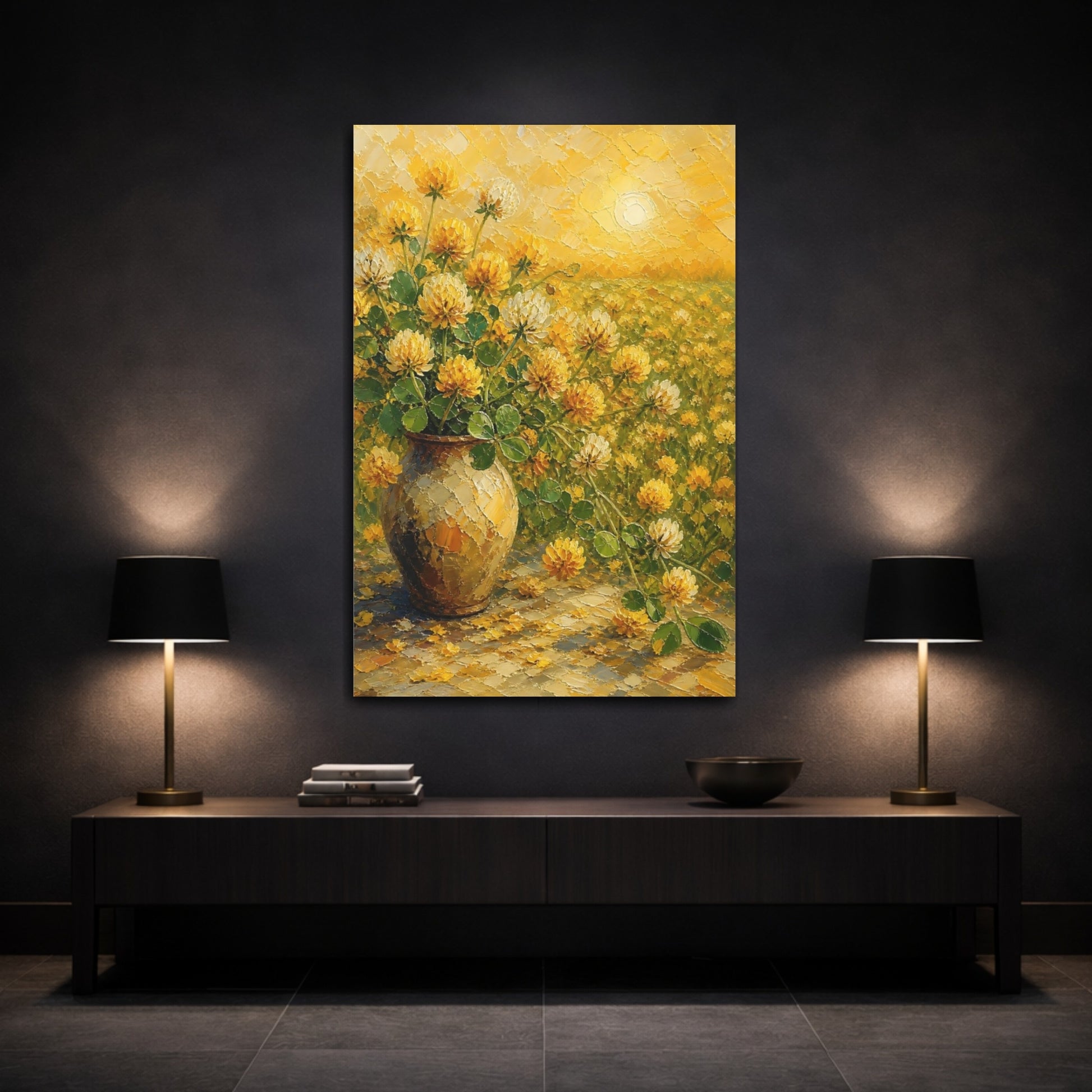 Mockup 3. Floral Clover Flowers Yellow Clover Flowers shown as stretched canvas wall art