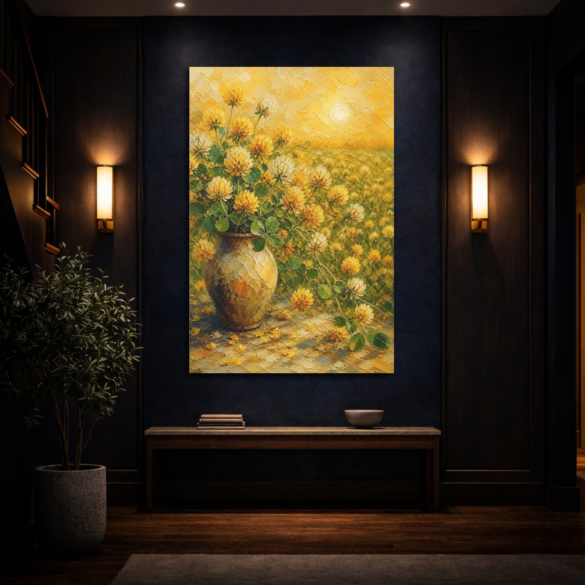 Mockup 4. Floral Clover Flowers Yellow Clover Flowers shown as stretched canvas wall art
