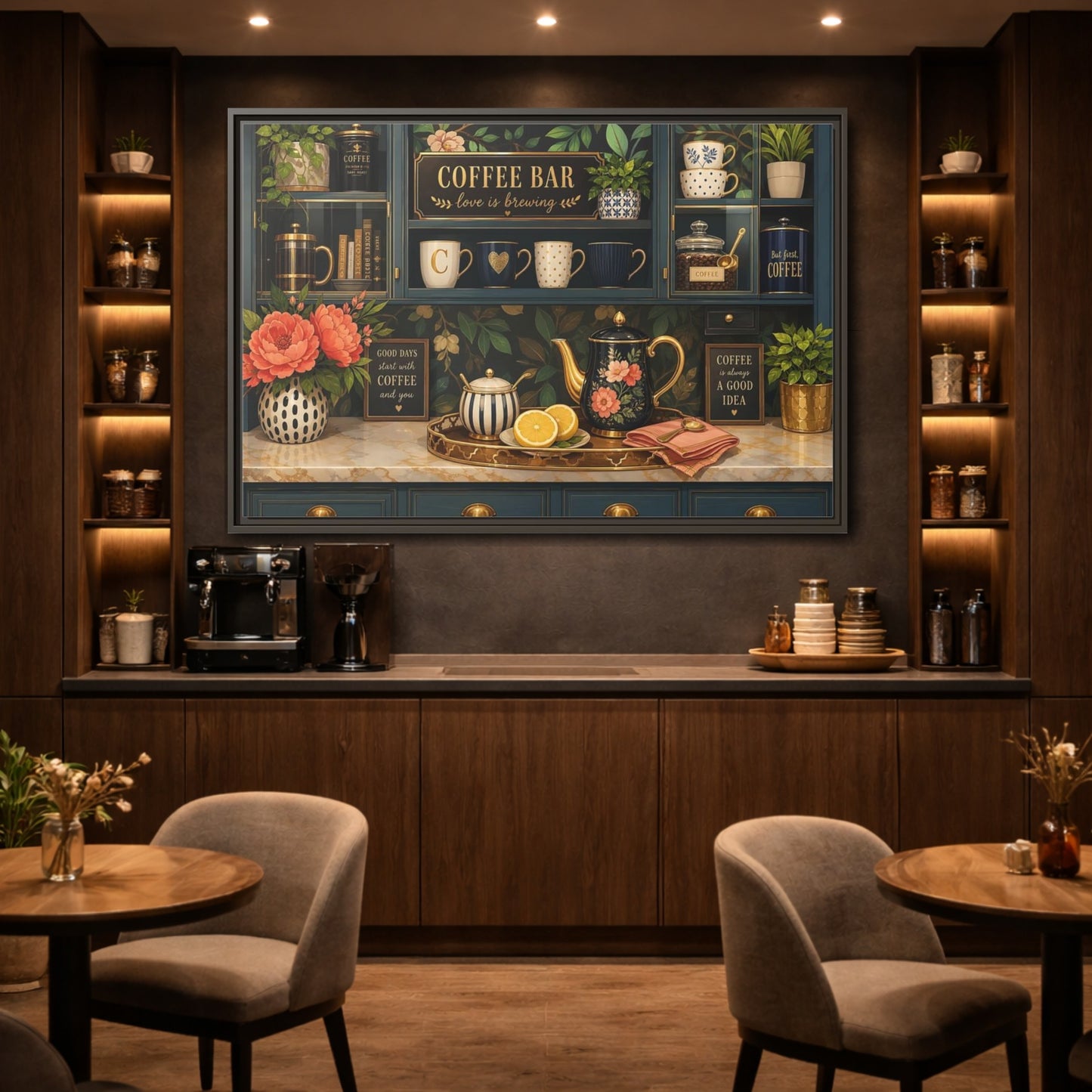 Mockup 2. Floral Coffee Bar Navy Gold Coffee Bar shown as stretched canvas wall art