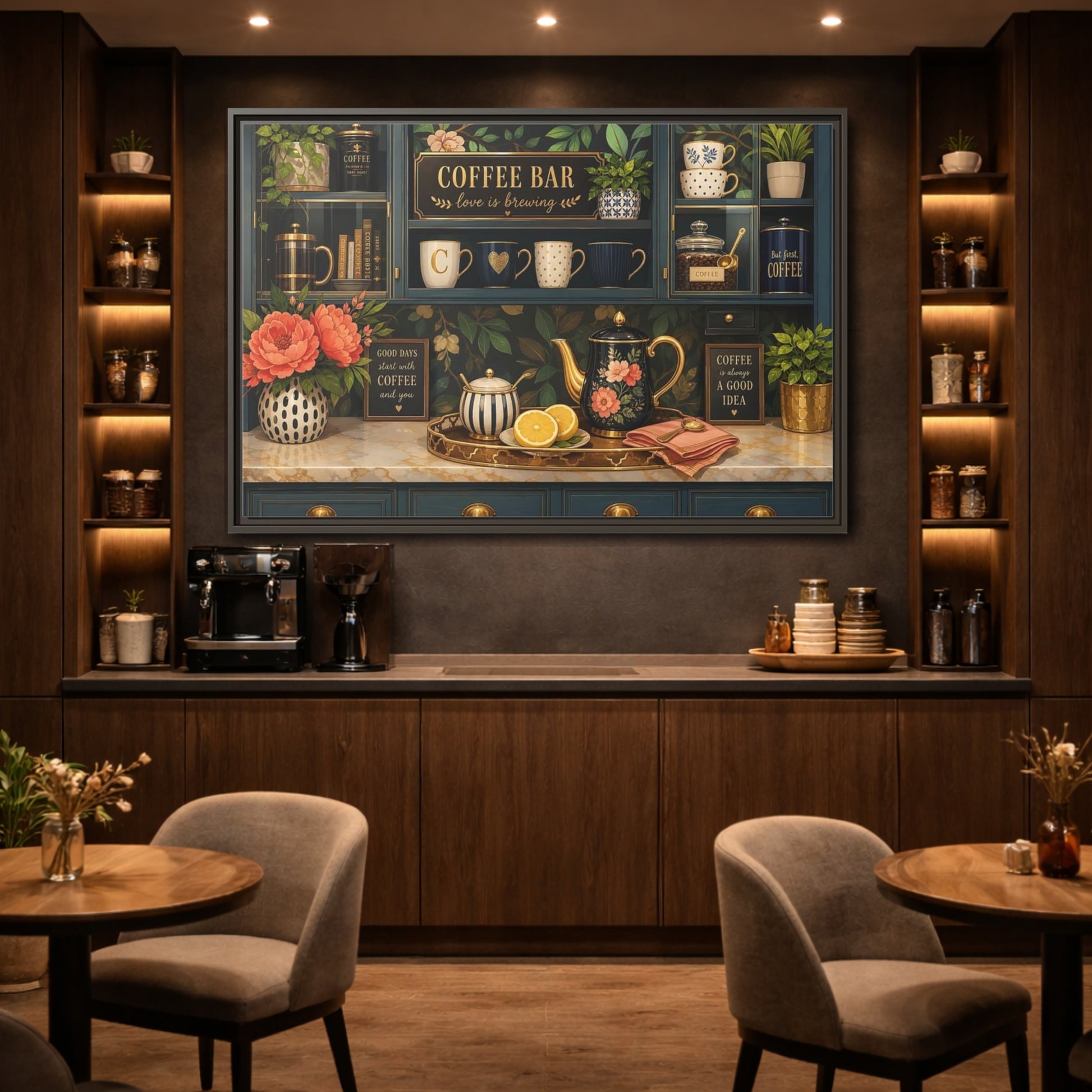 Mockup 2. Floral Coffee Bar Navy Gold Coffee Bar shown as stretched canvas wall art
