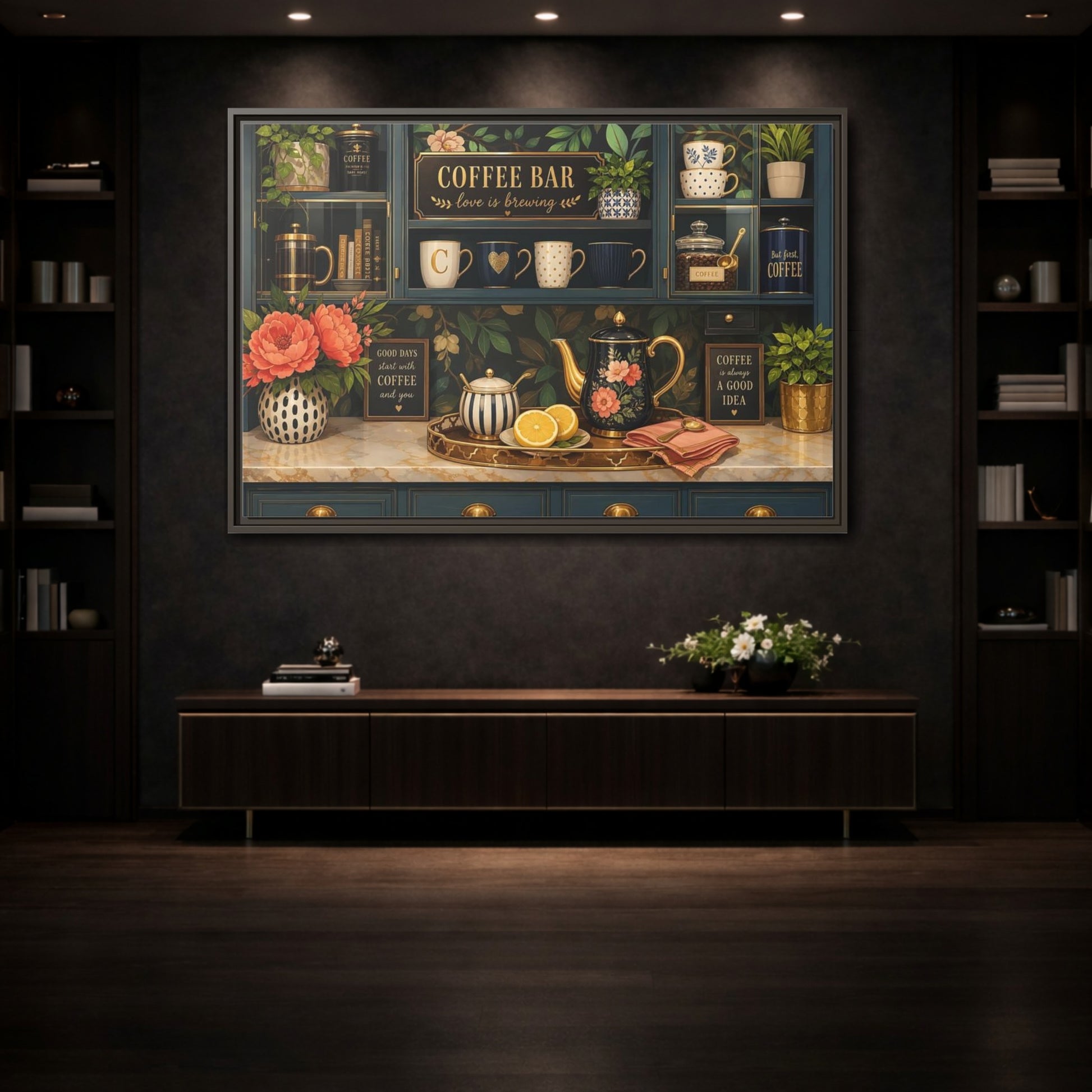 Mockup 3. Floral Coffee Bar Navy Gold Coffee Bar shown as stretched canvas wall art