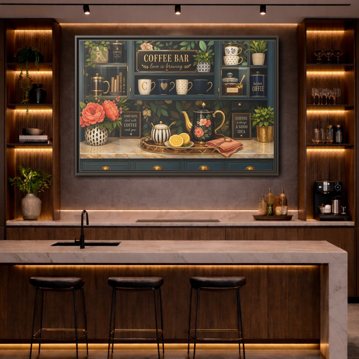 Mockup 4. Floral Coffee Bar Navy Gold Coffee Bar shown as stretched canvas wall art