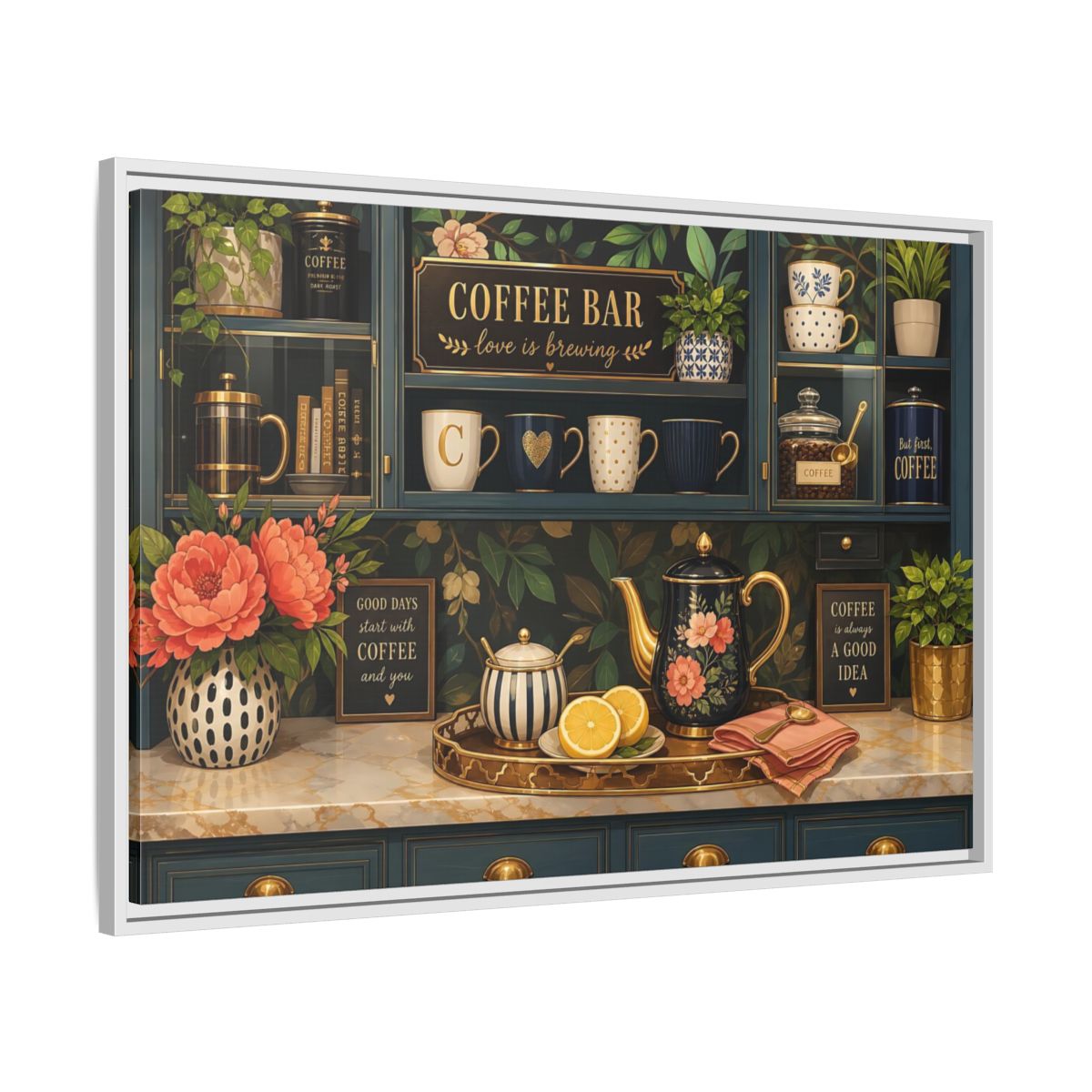 Side Mockup 9. Floral Coffee Bar Navy Gold Coffee Bar shown as stretched canvas wall art