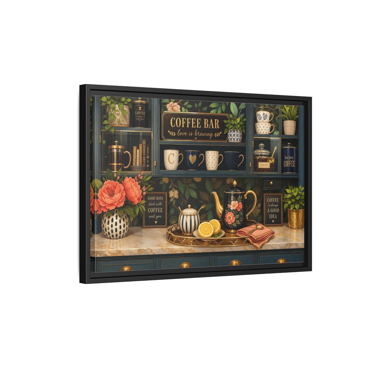 Side Mockup 3. Floral Coffee Bar Navy Gold Coffee Bar shown as stretched canvas wall art