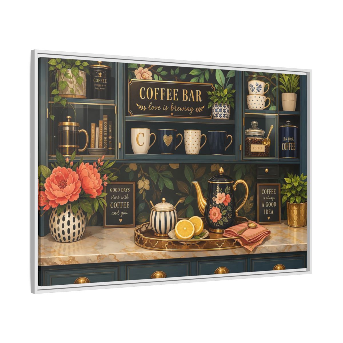 Side Mockup 7. Floral Coffee Bar Navy Gold Coffee Bar shown as stretched canvas wall art