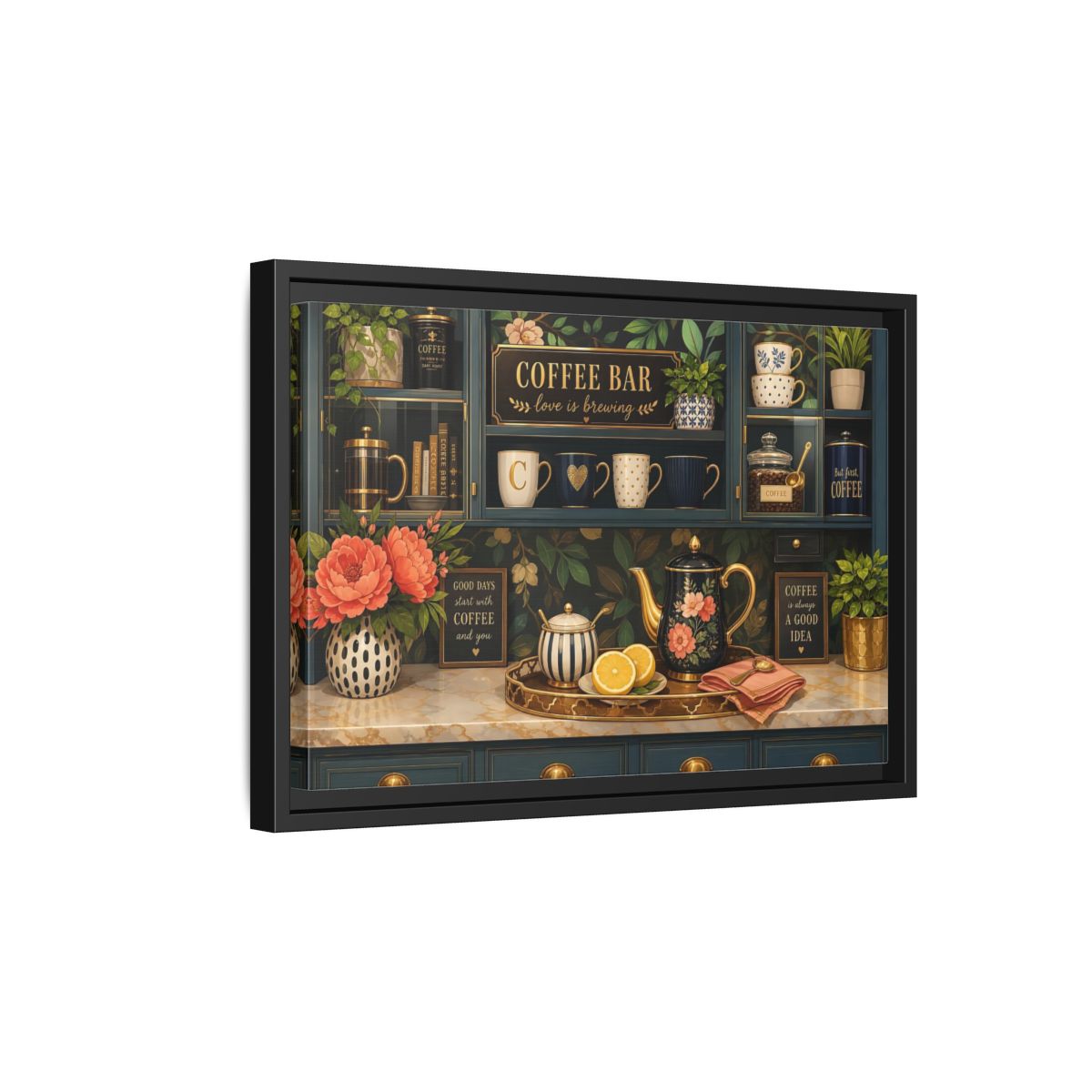 Side Mockup 6. Floral Coffee Bar Navy Gold Coffee Bar shown as stretched canvas wall art