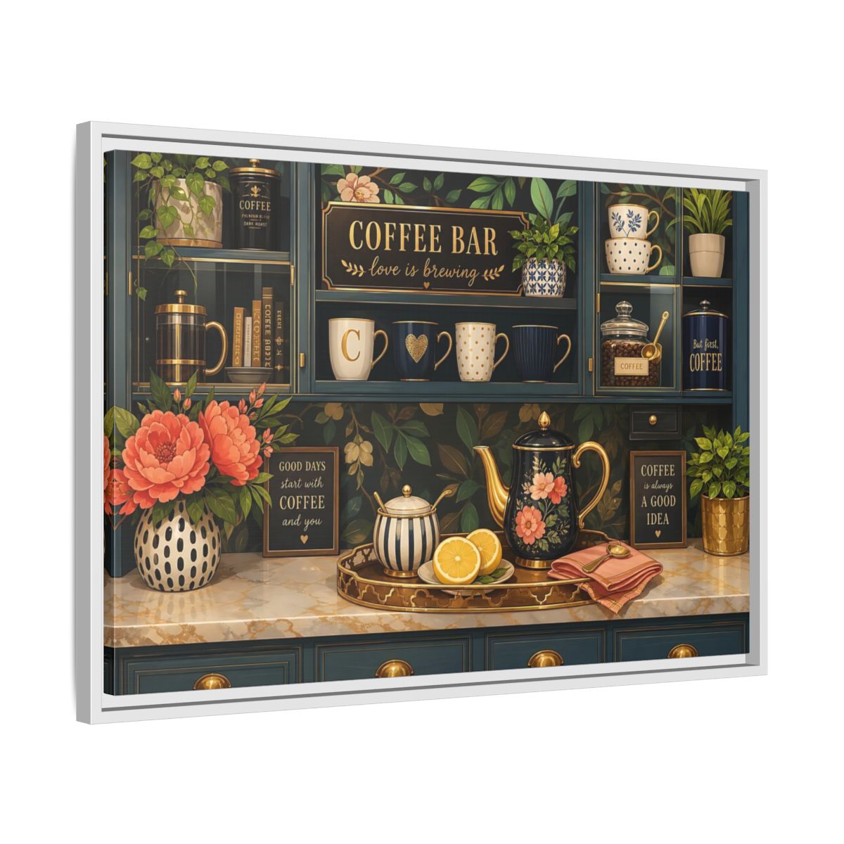 Side Mockup 10. Floral Coffee Bar Navy Gold Coffee Bar shown as stretched canvas wall art
