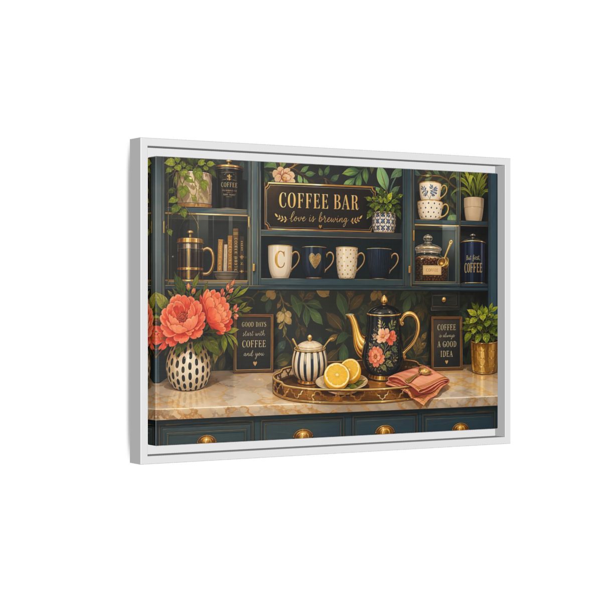 Side Mockup 1. Floral Coffee Bar Navy Gold Coffee Bar shown as stretched canvas wall art