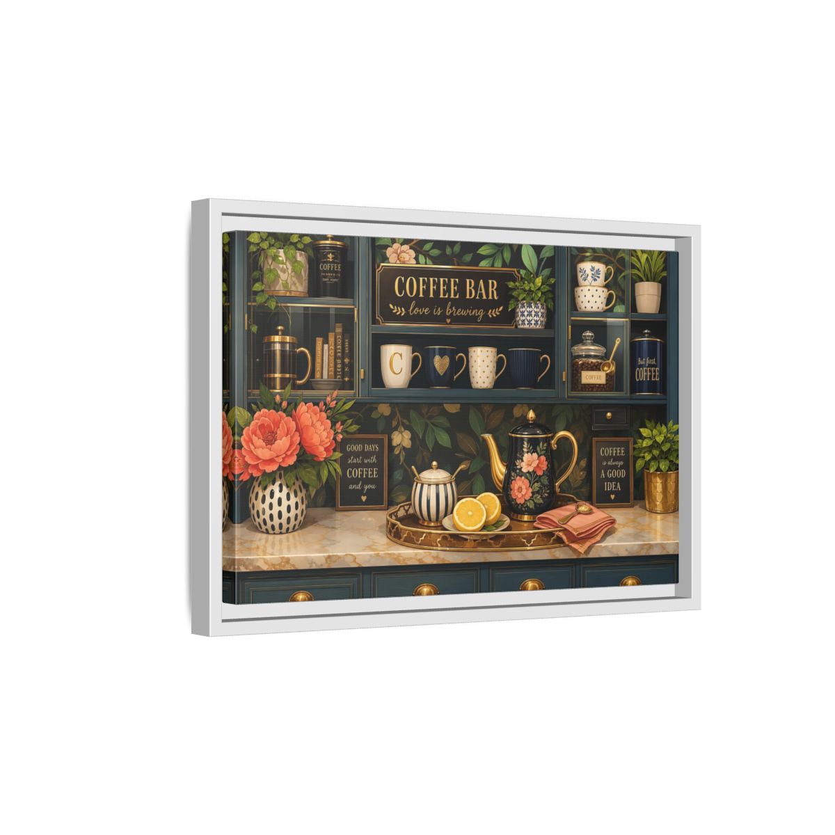 Side Mockup 4. Floral Coffee Bar Navy Gold Coffee Bar shown as stretched canvas wall art