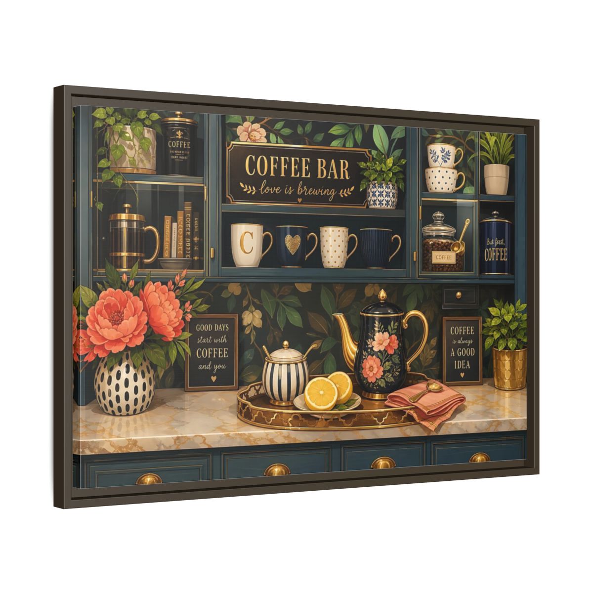 Side Mockup 11. Floral Coffee Bar Navy Gold Coffee Bar shown as stretched canvas wall art