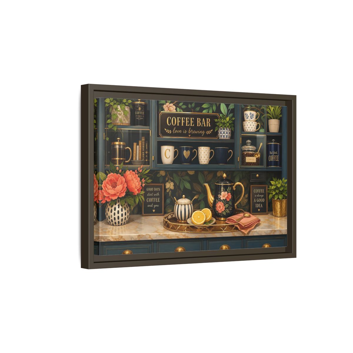 Side Mockup 5. Floral Coffee Bar Navy Gold Coffee Bar shown as stretched canvas wall art