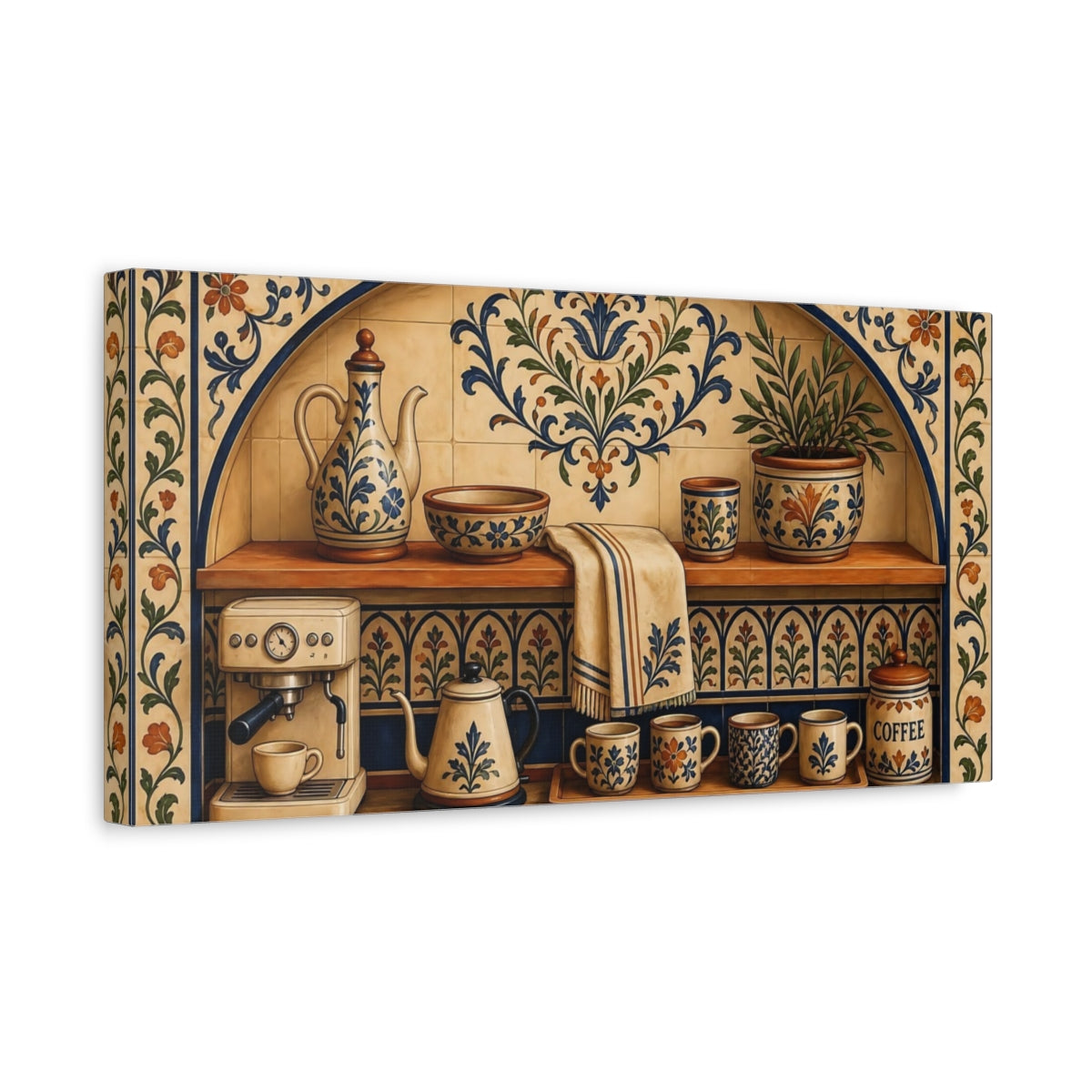 Side Mockup 3. Floral Coffee Station Blue And Orange Coffee shown as canvas print