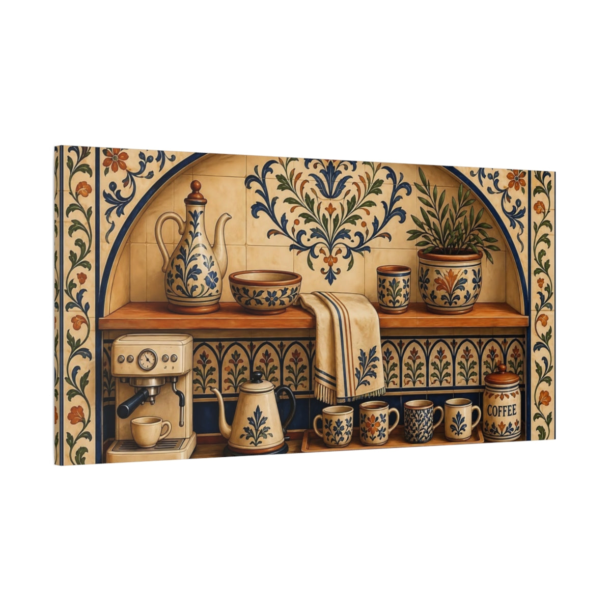 Side Mockup 2. Floral Coffee Station Blue And Orange Coffee shown as canvas print