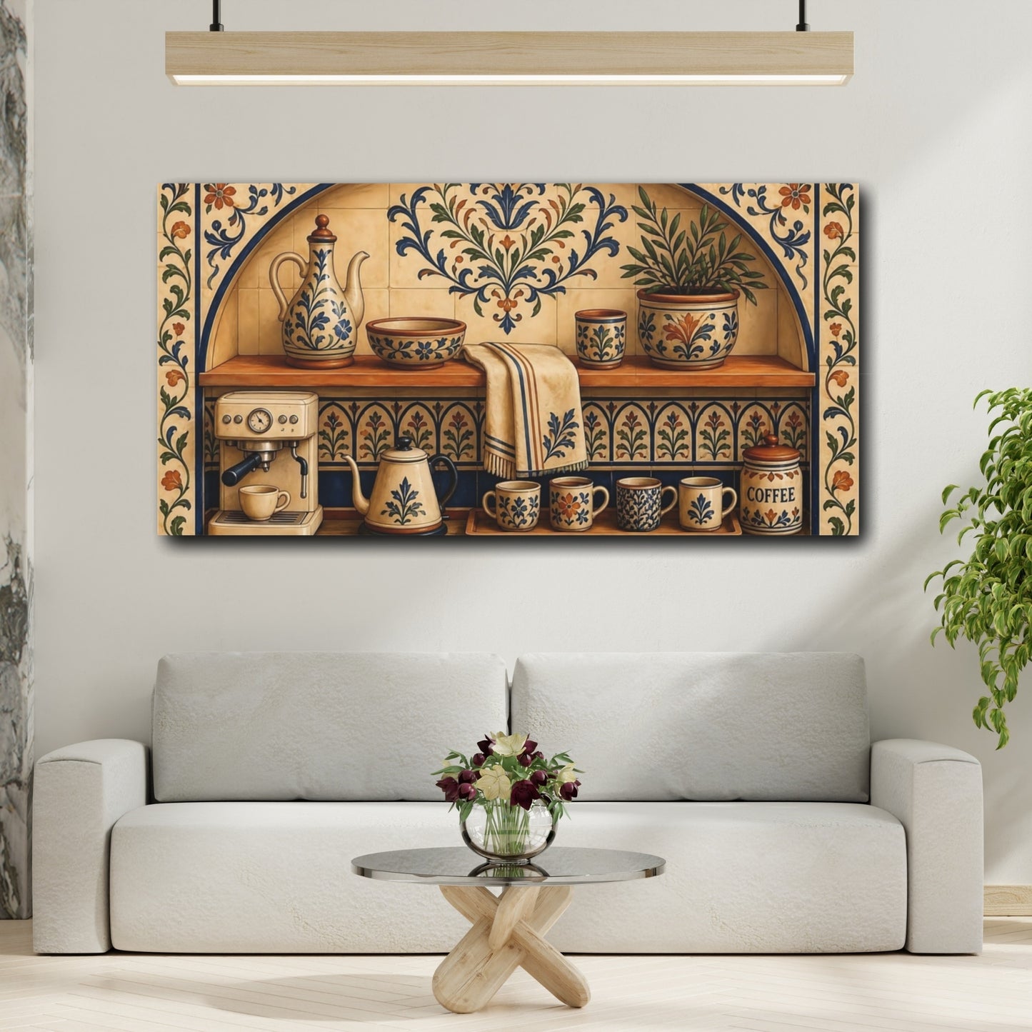 Mockup 2. Floral Coffee Station Blue And Orange Coffee shown as canvas print