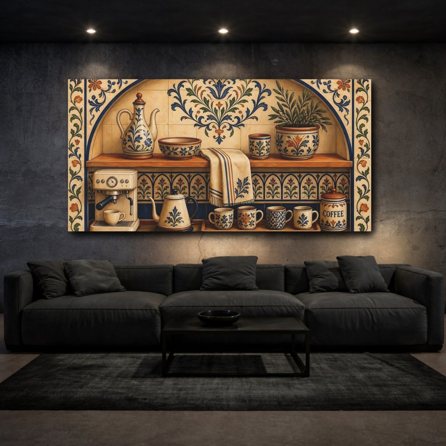 Mockup 3. Floral Coffee Station Blue And Orange Coffee shown as canvas print
