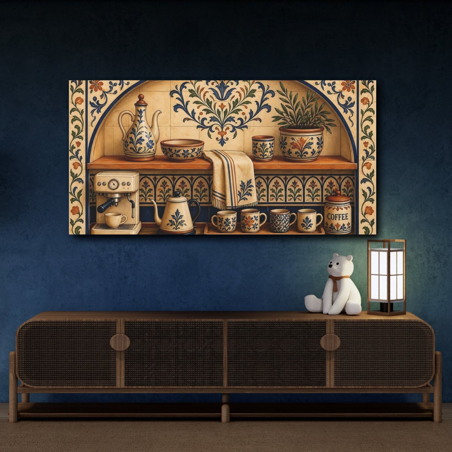 Mockup 4. Floral Coffee Station Blue And Orange Coffee shown as canvas print