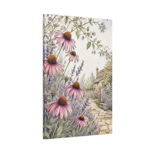 Main Mockup. Floral Coneflowers Lavender Pink Purple Garden shown as stretched canvas wall art