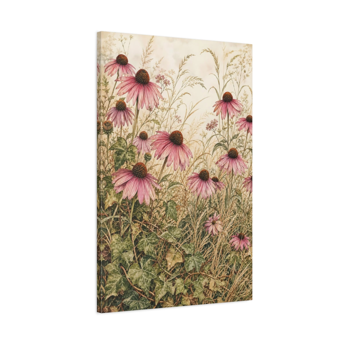 Main Mockup. Floral Coneflowers Pink And Green shown as stretched canvas wall art