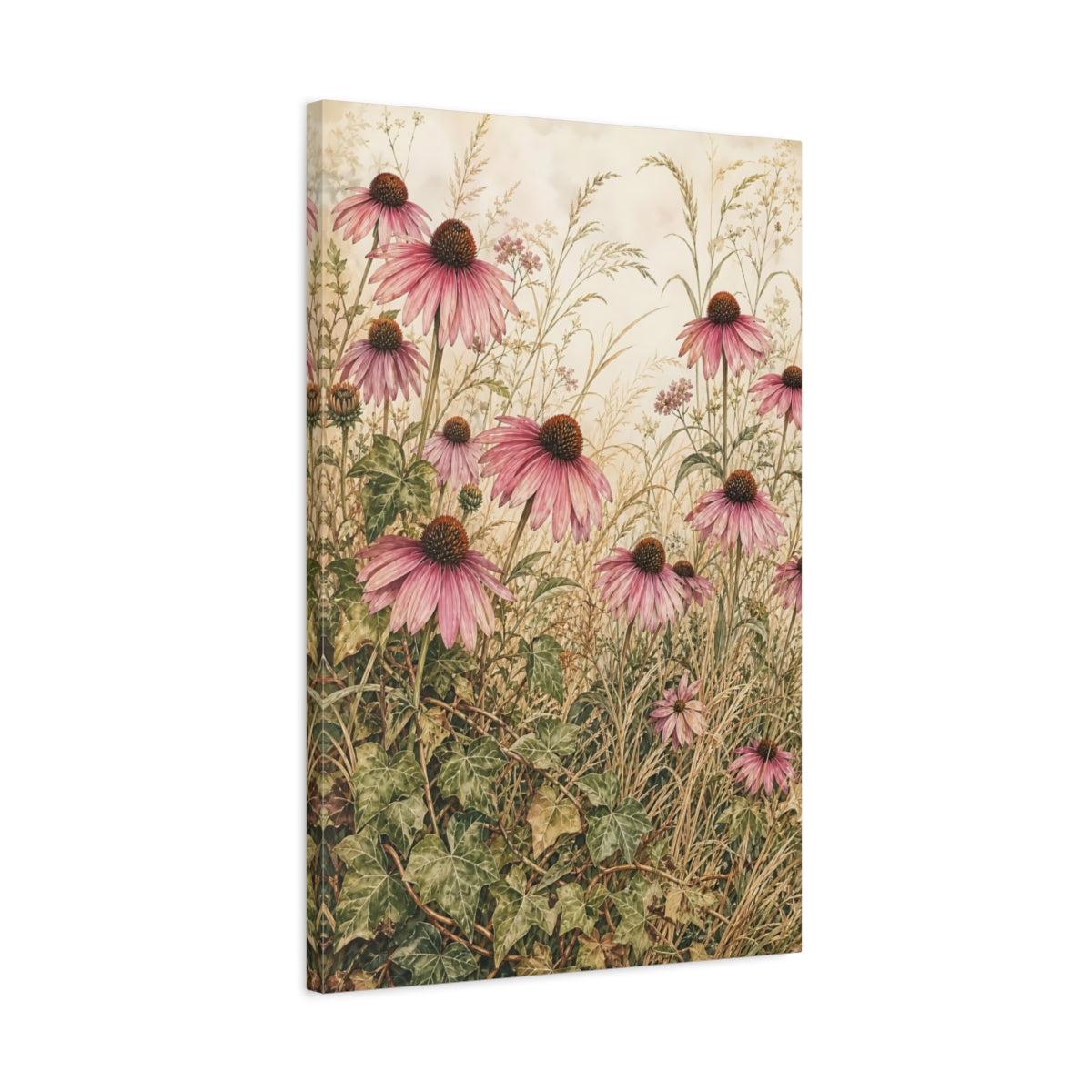 Side Mockup 2. Floral Coneflowers Pink And Green shown as stretched canvas wall art