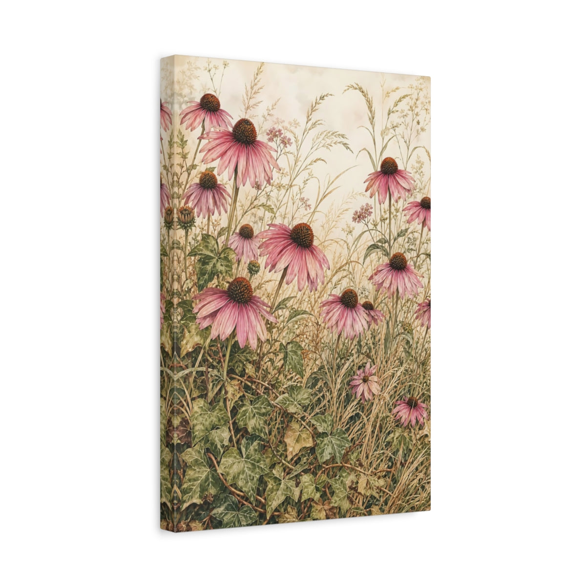 Side Mockup 4. Floral Coneflowers Pink And Green shown as stretched canvas wall art