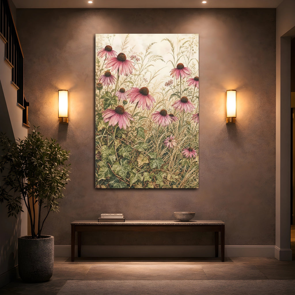 Mockup 2. Floral Coneflowers Pink And Green shown as stretched canvas wall art